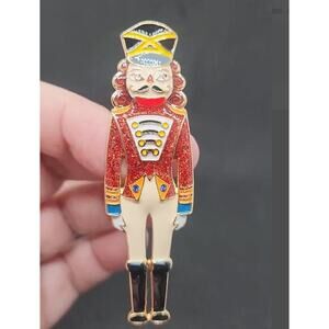 Nutcracker Toy Soldier Christmas Brooch Glittery Enamel on Gold Tone Metal